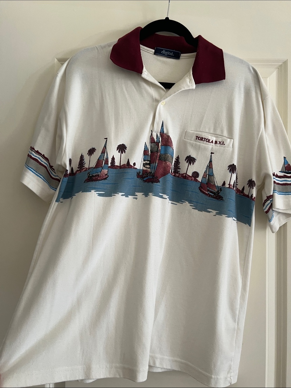 Men's White Polo with Maroon Collar and Nautical Sailboat Print